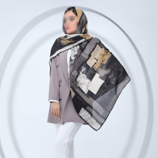 روسری نخ بلفی ژاکاردپانتی بسیار شیک وباکیفیت دور دست دوز خردلی نسکافه ای قواره بزرگ 140 در8 رنگ